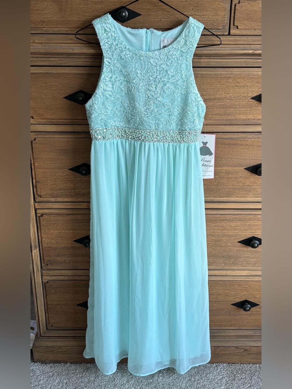 New Rare Editions Girls 12 Mint Lace Sleeveless Long A-Line Dress Beaded